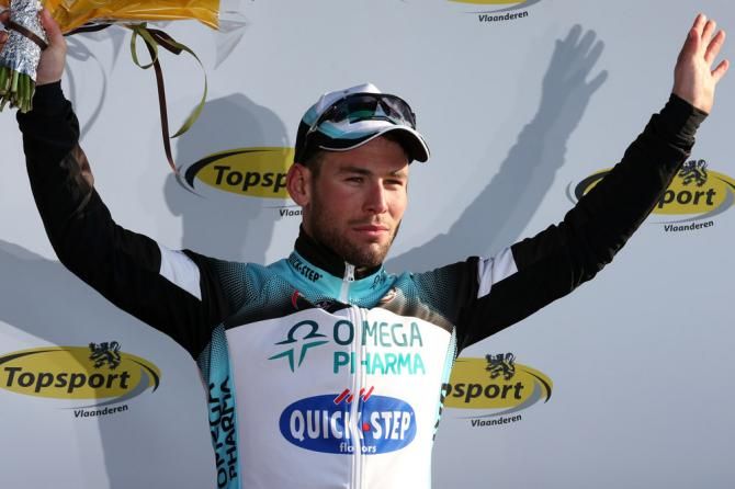 Stage 2 winner Mark Cavendish (Omega Pharma-QuickStep) on the podium.