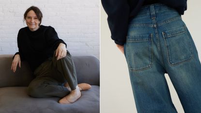 a collage of the designer Jamie Haller wearing her signature shoes with fatigue pants and a blue sweater alongside a close up of her first jeans