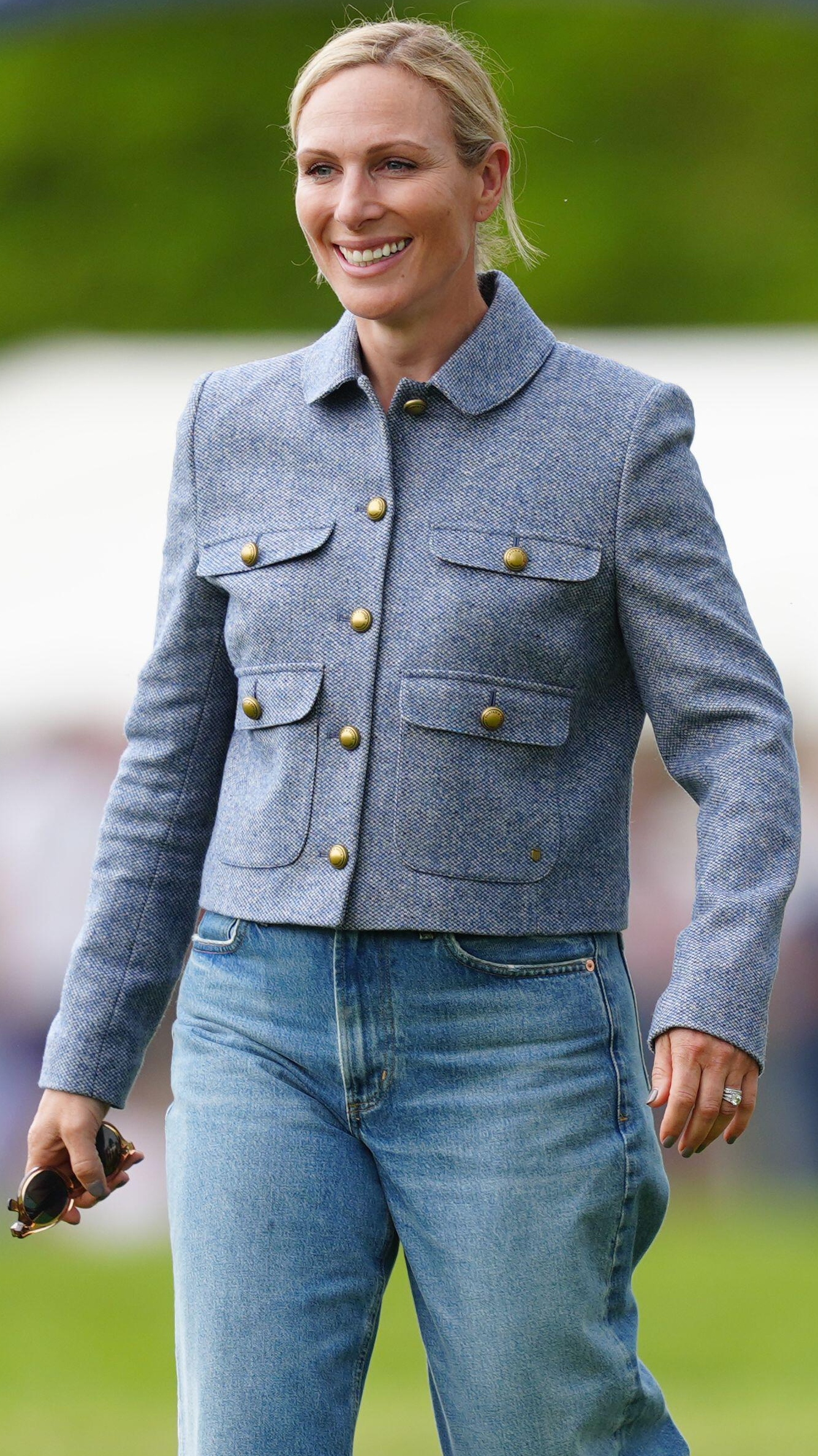 Zara Tindall close-up picture of her outfit as she attends the Badminton Horse Trials in 2025