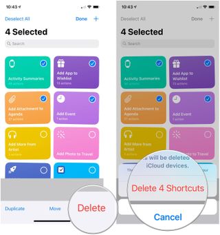Duplicate shortcuts in iOS 14, showing how to tap Delete, then tap Delete Shortcut