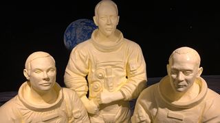 Life-size butter sculptures of the Apollo 11 space crew (Neil Armstrong, Buzz Aldrin and Michael Collins) are featured in the 2019 annual butter display presented by the American Dairy Association Mideast.