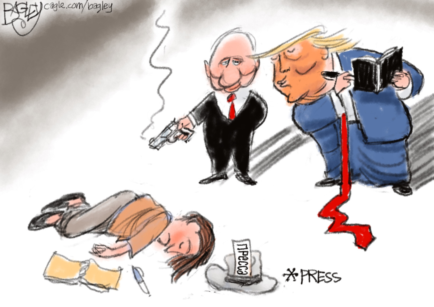 Vladimir Putin holds a smoking gun that has been used to murder a male member of the press, who lies dead on the ground. Donald Trump stands nearby watching and taking notes.