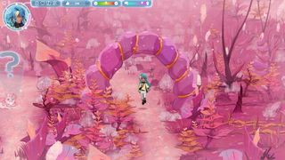 Character walking through a pink forest