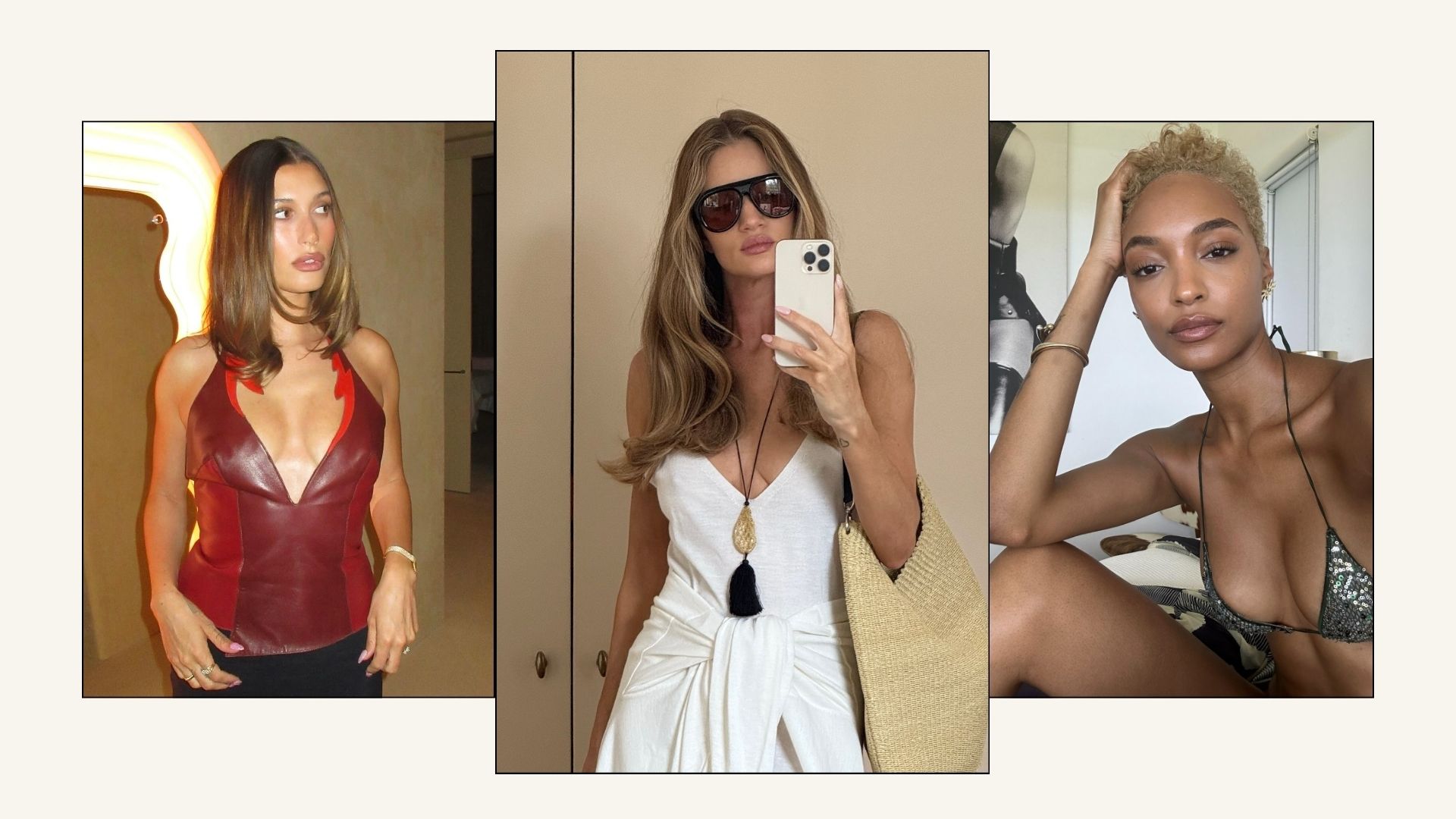 Mocha bronde hair colour on Hailey Bieber, Rosie Huntington Whiteley and Jourdan Dunn