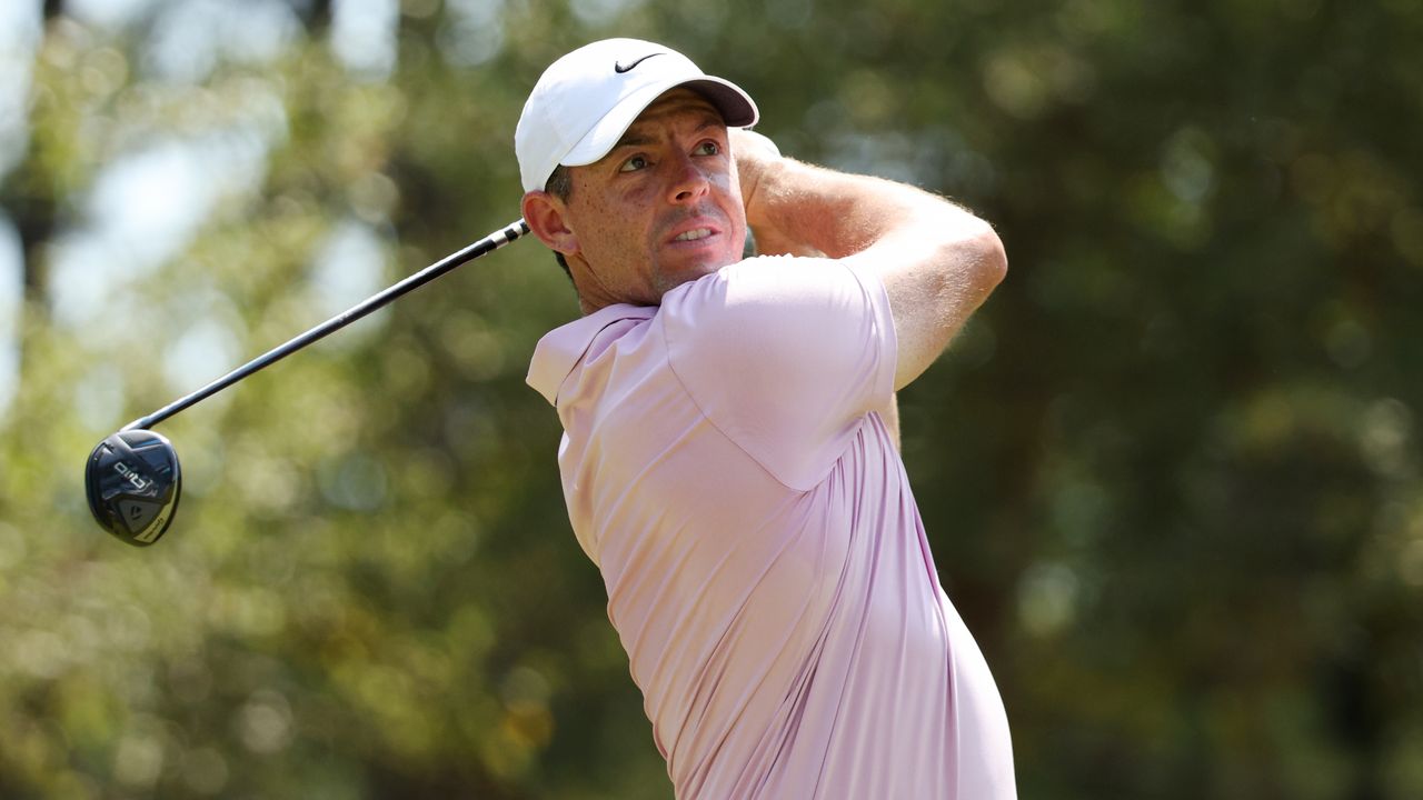 Rory McIlroy takes a tee shot during the Tour Championship