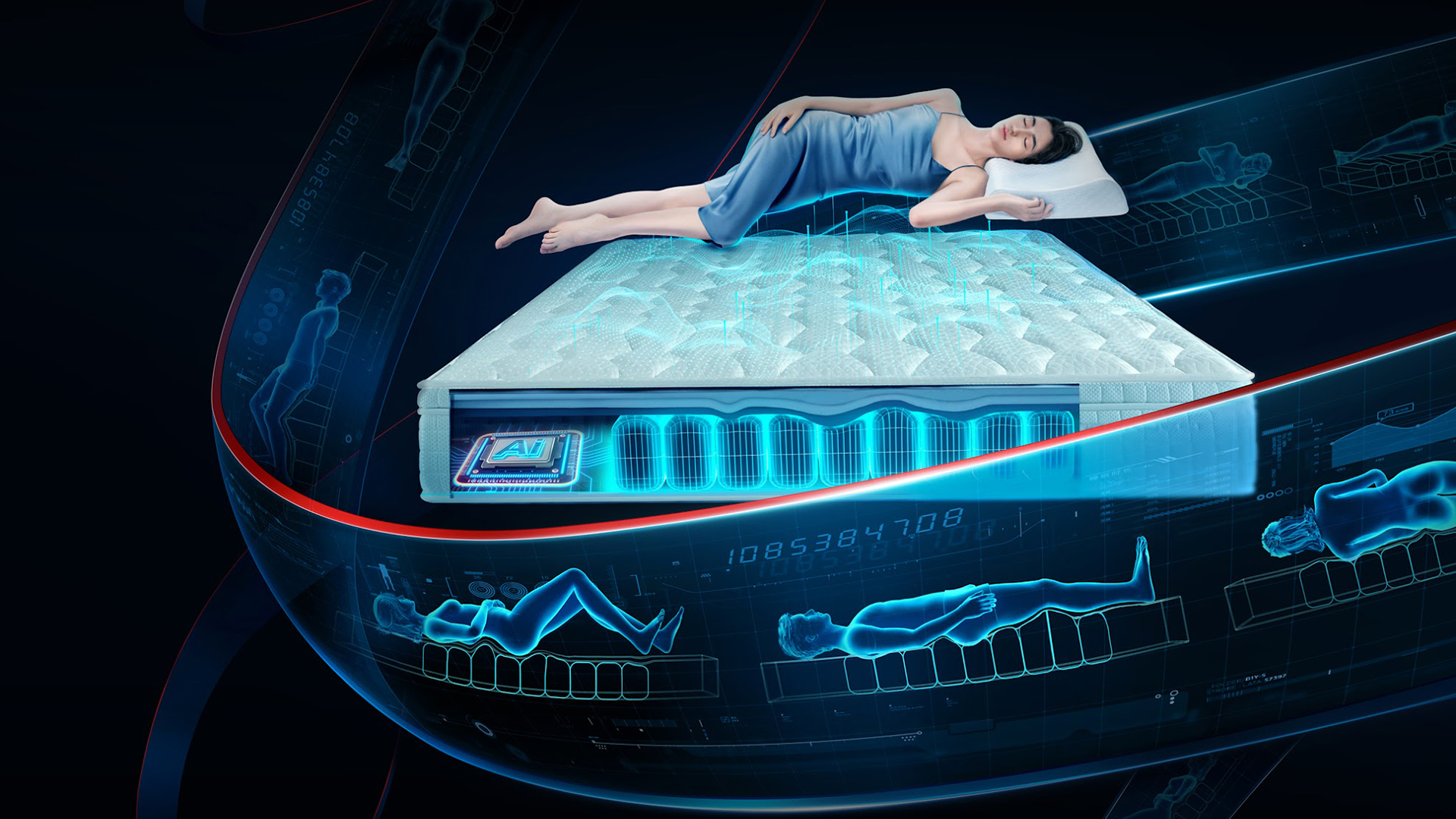 A graphic showing a women lying on the DeRUCCI T11 Pro Smart Mattress, with visuals showing how the mattress would adapt to her sleep position by adjusting the inner materials