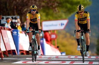 SABIANIGO SPAIN OCTOBER 24 Arrival Tom Dumoulin of The Netherlands and Team Jumbo Visma Lennard Hofstede of The Netherlands and Team Jumbo Visma during the 75th Tour of Spain 2020 Stage 5 a 1844km Huesca to Sabinigo 835m lavuelta LaVuelta20 La Vuelta on October 24 2020 in Sabinigo Spain Photo by David RamosGetty Images