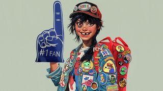 Key art for COMICON 2025 by Jamie Hewlett showing a comic fan wearing a jacket with lots of badges referencing famous comics