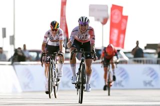 JEBEL HAFEET UNITED ARAB EMIRATES FEBRUARY 08 Silvia Persico of Italy and UAE Team ADQ crosses the finish line during the 3rd UAE Tour Women Stage 3 a 152km stage from Al Ain Qasr Al Muwaiji to Jebel Hafeet 1031m UCIWWT on February 08 2025 in Jebel Hafeet United Arab Emirates Photo by Tim de WaeleGetty Images