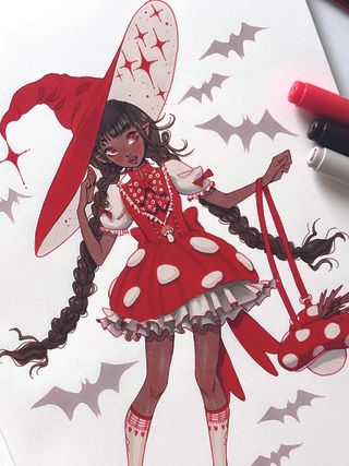 Vibrant character art; drawing of a girl in a red dress and hat