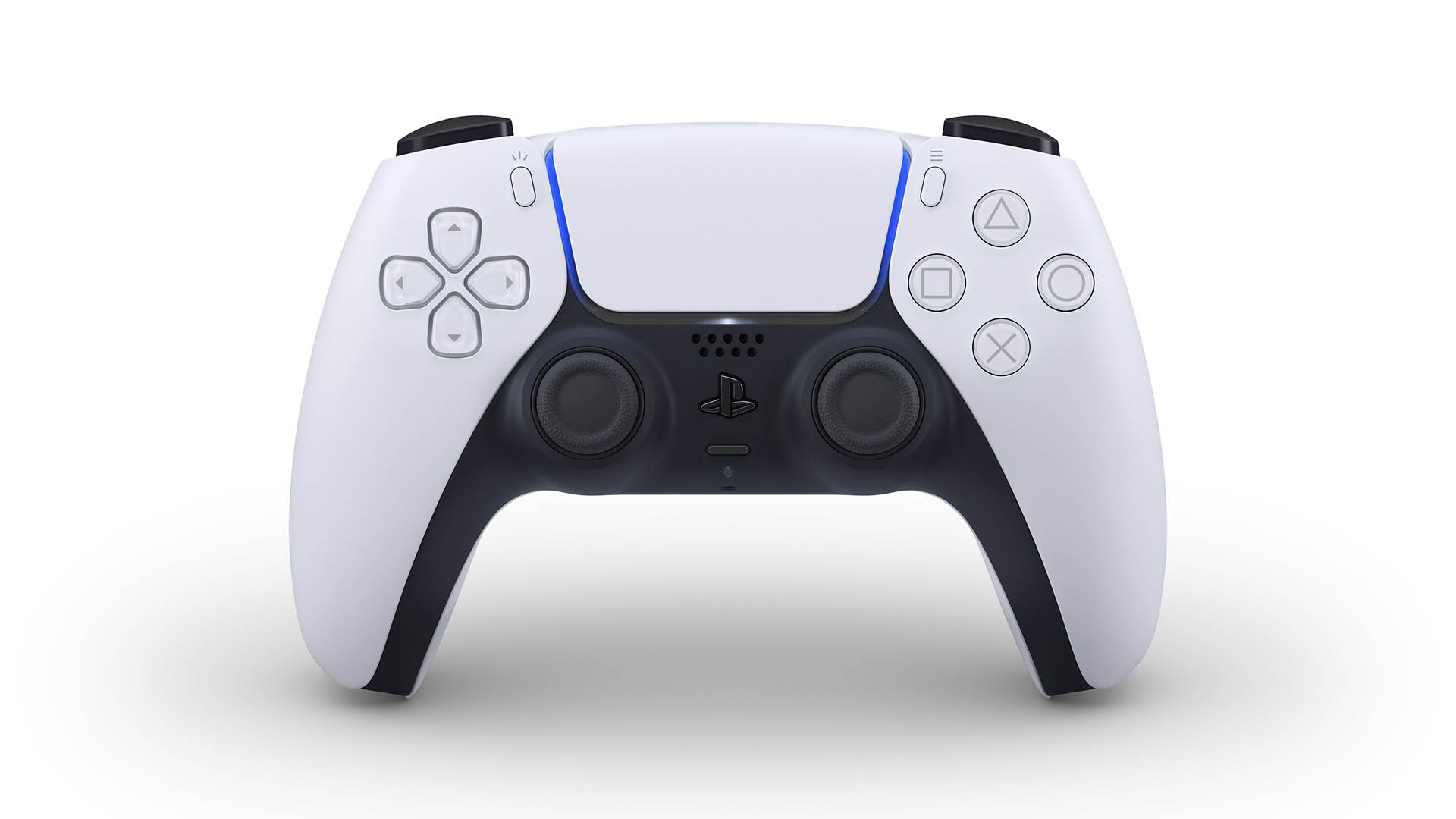 Image of the Sony PS5 controller front on, on a grey background.