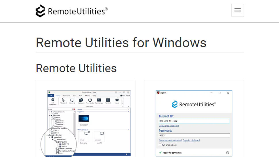 Website screenshot of Remote Utilities