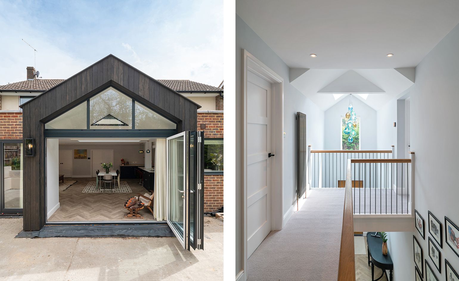 The Timber House exterior (left) and its dramatic internal circulation bridge and staircase with visible roof (right)