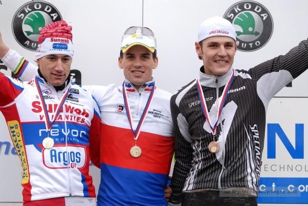 Zdenek &Scaron;tybar (Telenet-Fidea Cycling Team) with Martin Zl&aacute;mal&iacute;k and Jaroslav Kulhavy on the podium.