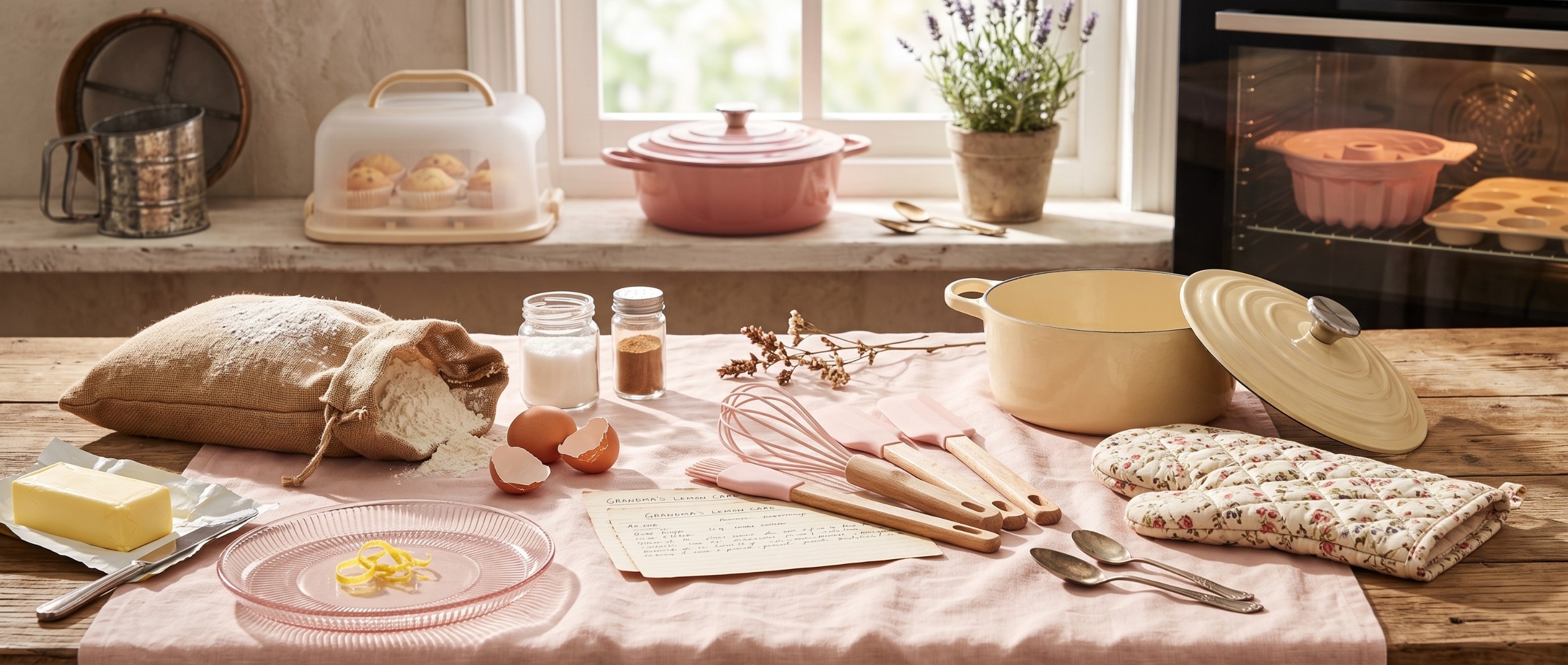 Collection of pink and cream coloured IKEA bakware in kitchen