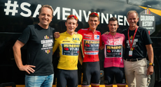 Zeeman (far left in photo) and Plugge celebrate winning all three Grand Tours in 2023 together with Vingegaard, Kuss and Roglič