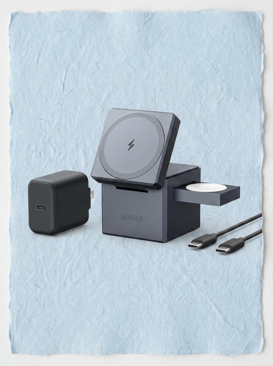 Anker office tech on a textured pale blue background