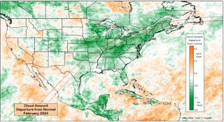 A map showing cloud cover across the US. green denotes less cloud cover compared to the average and orange denotes more.
