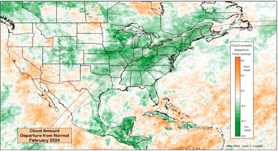 Amerika Birleşik Devletleri'ndeki bulut örtüsünü gösteren harita.  Yeşil, ortalamaya göre daha az bulut örtüsünü, turuncu ise daha fazla bulut örtüsünü gösterir.