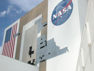 The Vehicle Assembly Building (VAB) at NASA's Kennedy Space Center suffered some structural damage from Hurricane Ivan in September 2004.