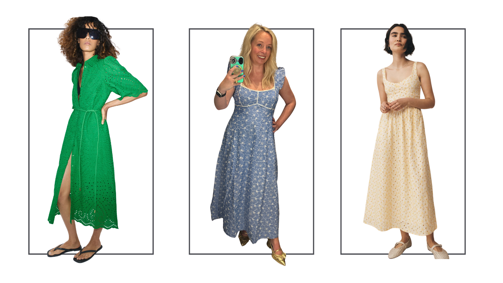 three women wearing different broderie anglaise dresses