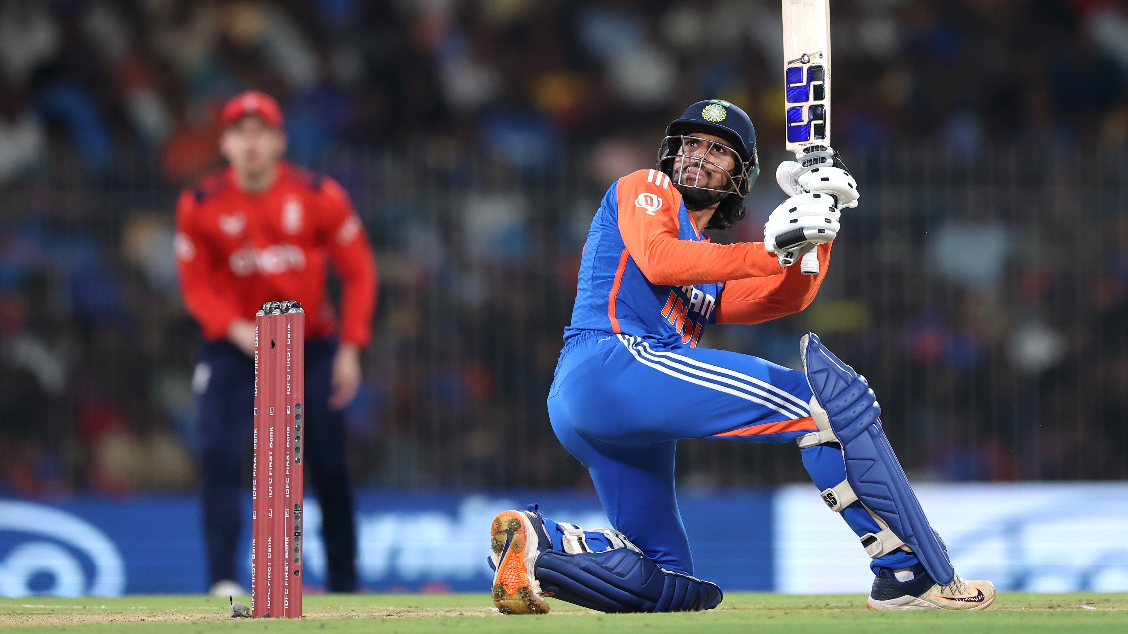 Tilak Varma of India bats during the T20 International match between India and England at MA Chidambaram Stadium on January 25, 2025 in Chennai, India.