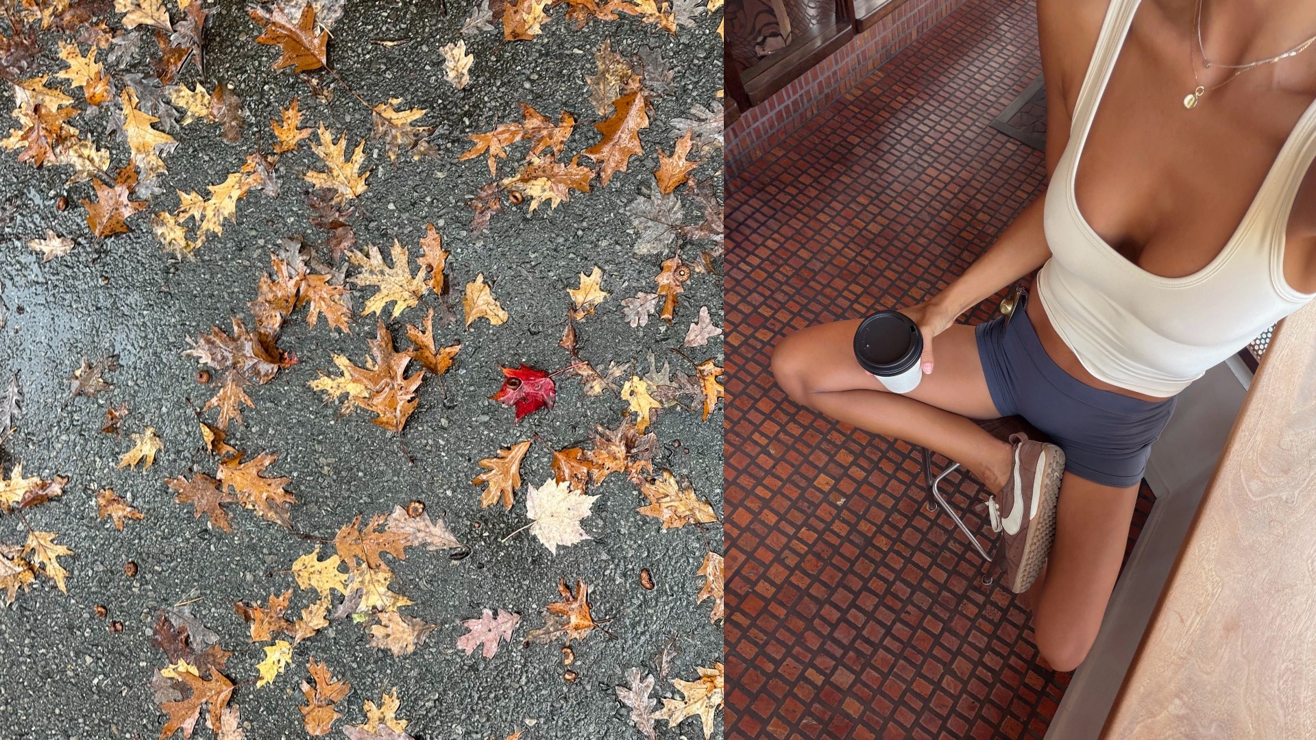Collage of fallen leaves and a woman wearing athleisure.