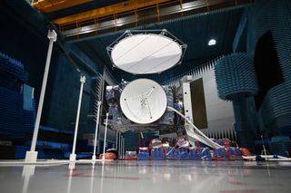 A photograph shows the European spacecraft JUICE (JUpiter ICy moons Explorer) in a clean room at the ESA (European Space Agency) headquarters in Toulouse, southwestern France, on 5 April, 2022.