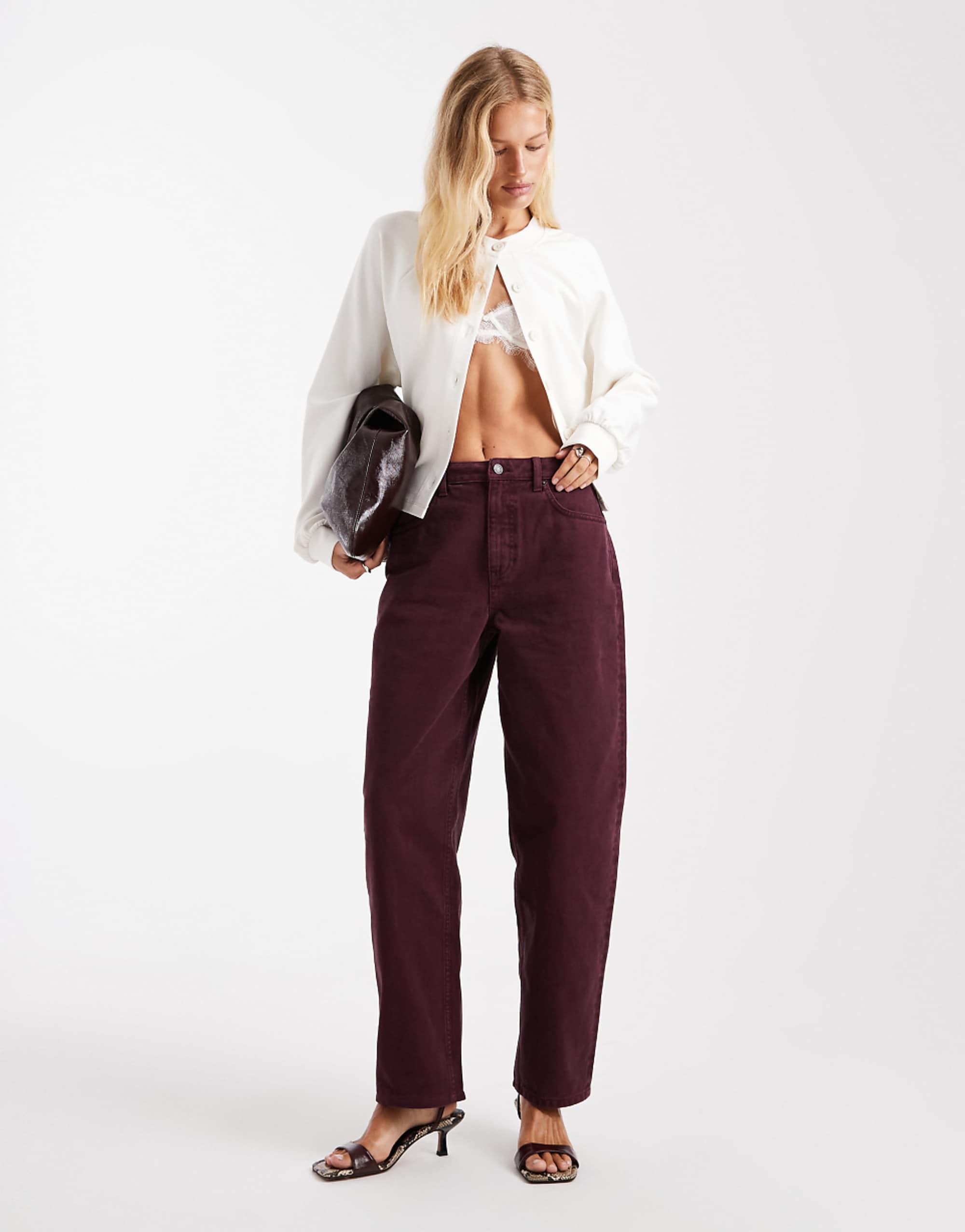 Asos Design Slim Barrel Jeans in Burgundy