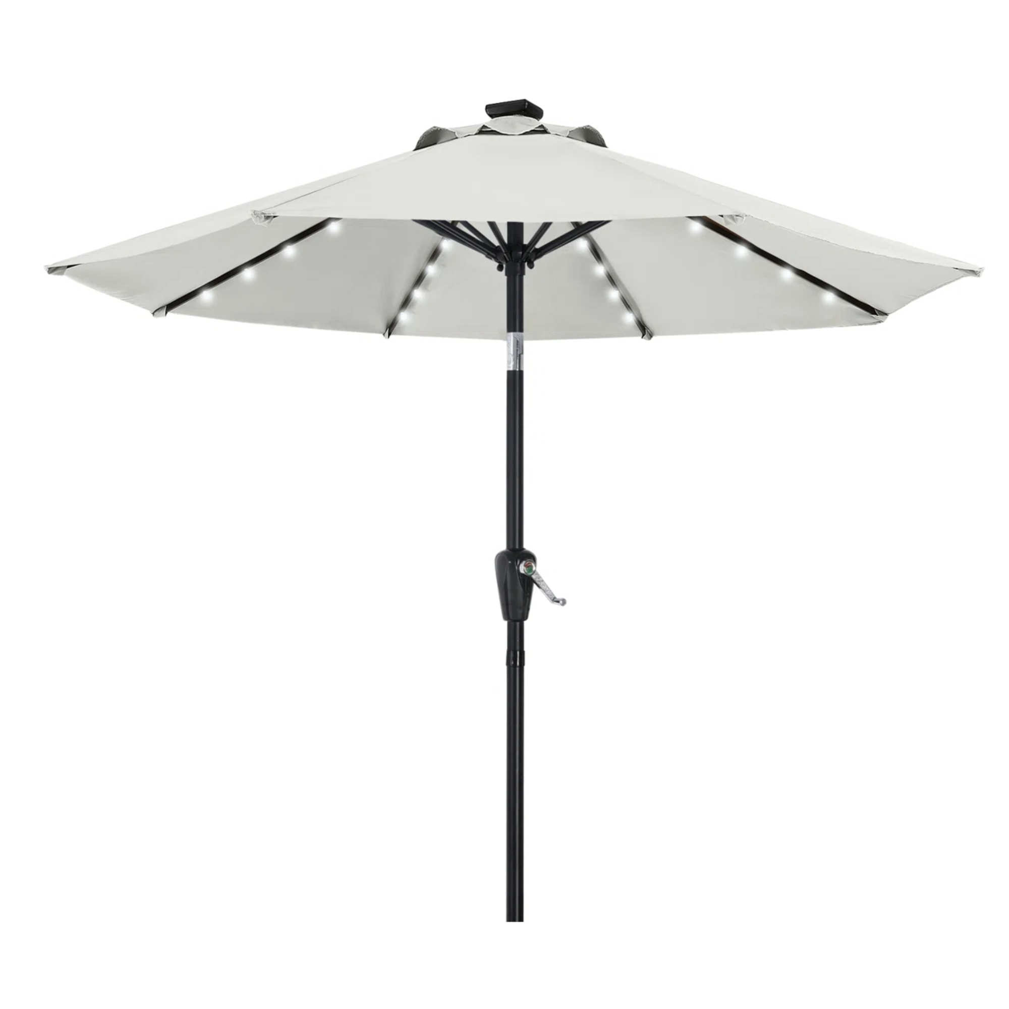 a gray umbrella with lights underneath