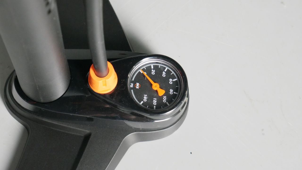 Detailed shot of the SKS Air-X-Press bike track pumps dial