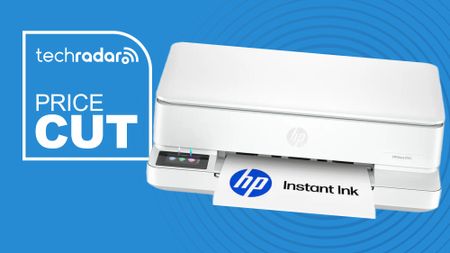 The HP Envy 6165 printer on a blue background next to a TechRadar badge in the upper left corner that reads 'Price Cut'