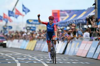 ALDINGA AUSTRALIA JANUARY 17 Daniek Hengeveld of The Netherlands and CeratizitWnt Pro Cycling Team celebrates at finish line as stage winner during the 9th Santos Womens Tour Down Under 2025 Stage 1 a 101 9km stage from Brighton to Snapper PointAldinga UCIWWT on January 17 2025 in Aldinga Australia Photo by Dario BelingheriGetty Images