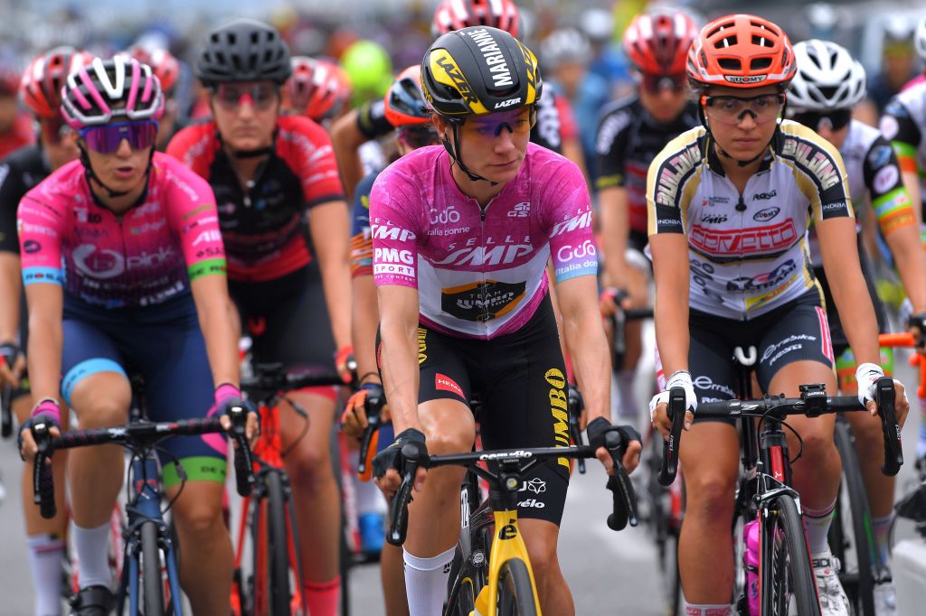 COLICO ITALY JULY 07 Marianne Vos of Netherlands and Jumbo Visma Team Purple Points Jersey during the 32nd Giro dItalia Internazionale Femminile 2021 Stage 6 a 155km stage from Colico to Colico GiroDonne UCIWWT on July 07 2021 in Colico Italy Photo by Luc ClaessenGetty Images