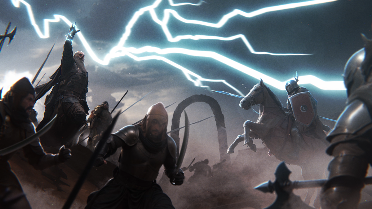 A battle rages in the foreground while lightning strikes from behind in a screenshot from Songs of Conquest&#039;s release date trailer.