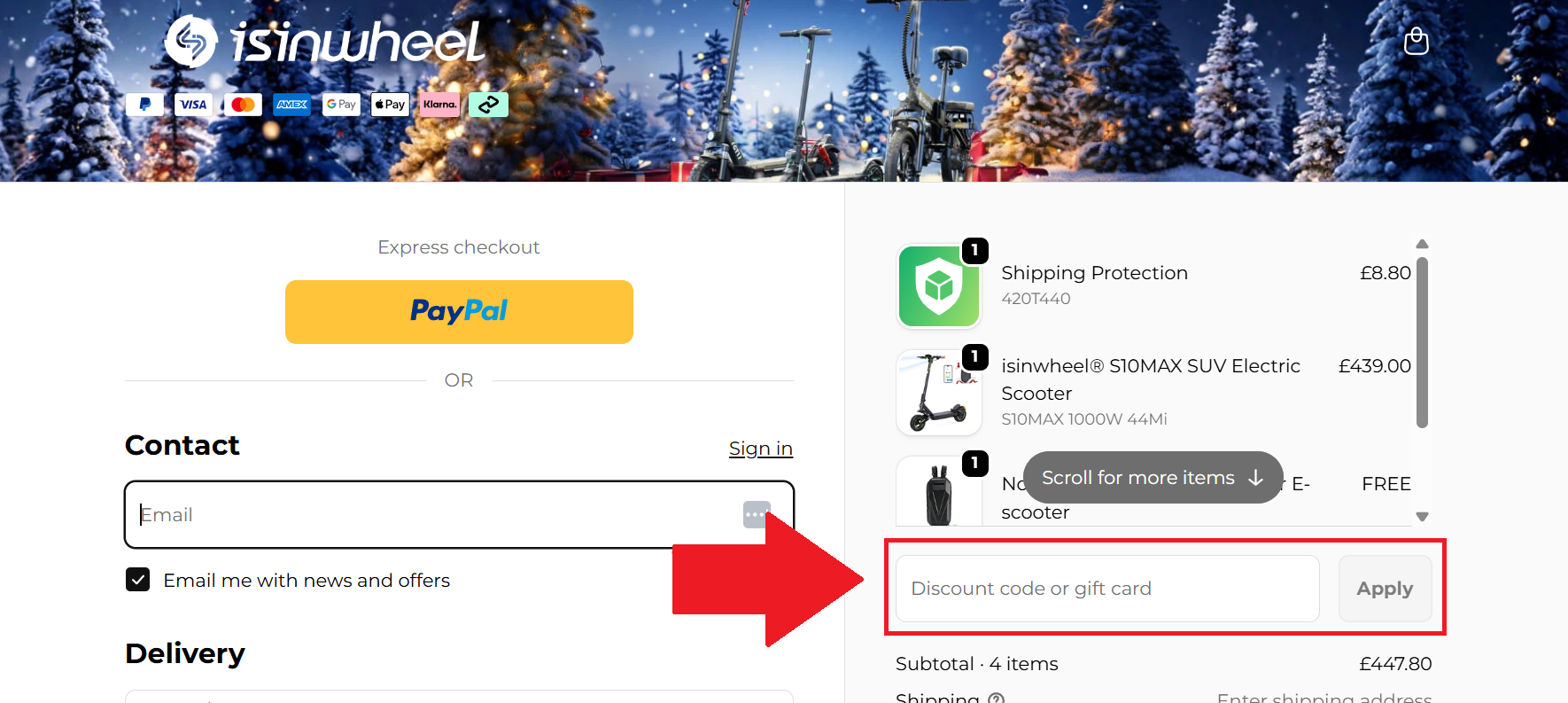 a screenshot of the isinwheel checkout page showing where to enter an isinwheel discount code