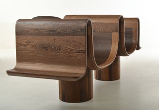 Undulated wooden bench by Mabeo for Fendi, presented at Design Miami 2021