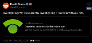 Screenshot of Reddit Status account on X.