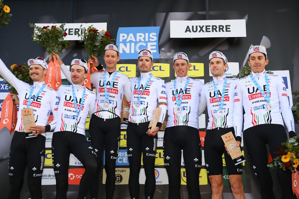 AUXERRE FRANCE MARCH 05 A general view of Joao Almeida of Portugal Finn FisherBlack of New Zealand Felix Grobschartner of Austria Brandon Mcnulty of The United States Nils Politt of Germany Marc Soler of Spain Jay Vine of Australia and UAE Team Emirates celebrate at podium as stage winners during the 82nd Paris Nice 2024 Stage 3 a 269km team time trial from Auxerre to Auxerre UCIWT on March 05 2024 in Auxerre France Photo by Alex BroadwayGetty Images