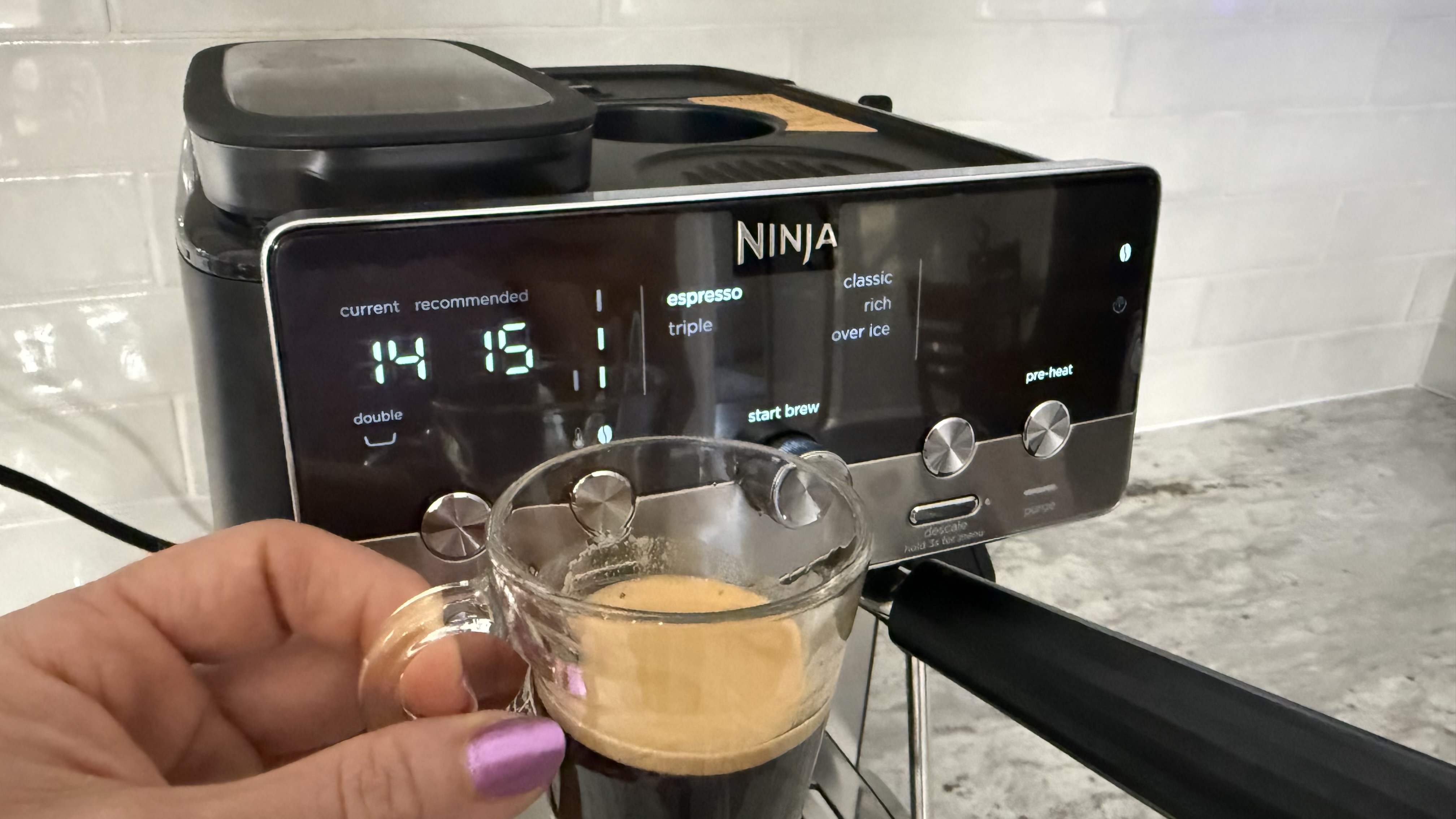 Ninja Luxe Café Mini Espresso Machine brewing espresso