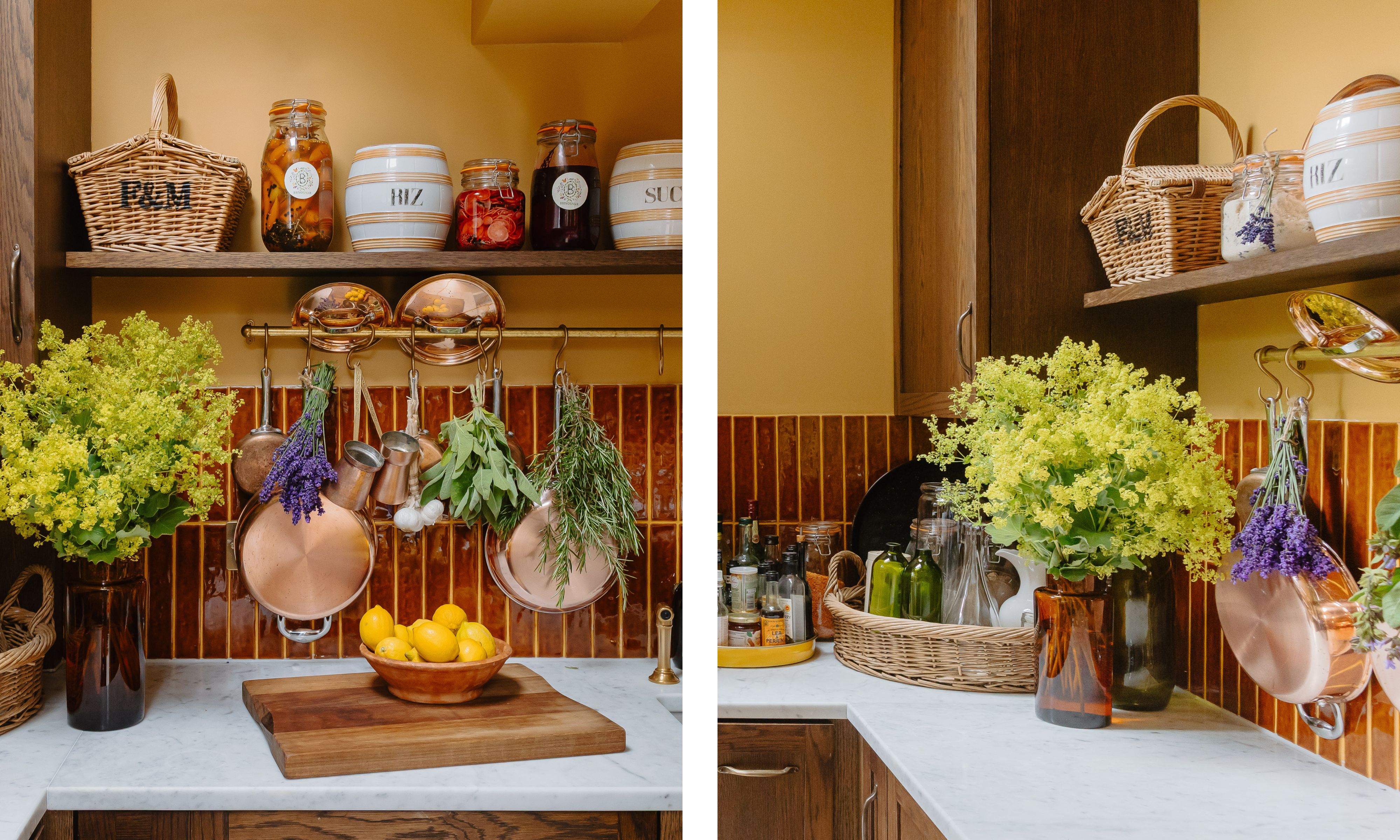 In Clodagh McKenna's kitchen, deVOL's brass pot hanger creates a place to hang kitchenware and dried herbs, topped with a wooden open shlef for storing and displaying baskets and ceramics