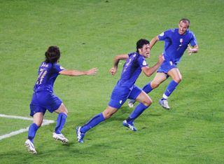 Fabio Grosso celebrates with his Italy team-mates after scoring against Germany in the semi-finals of the 2006 World Cup.