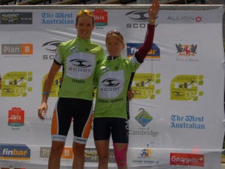 Richard Lang and Ruth Corsett pose on the podium after winning the stage.