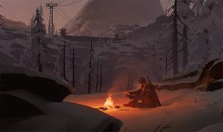 A man sitting by a campfire in winter