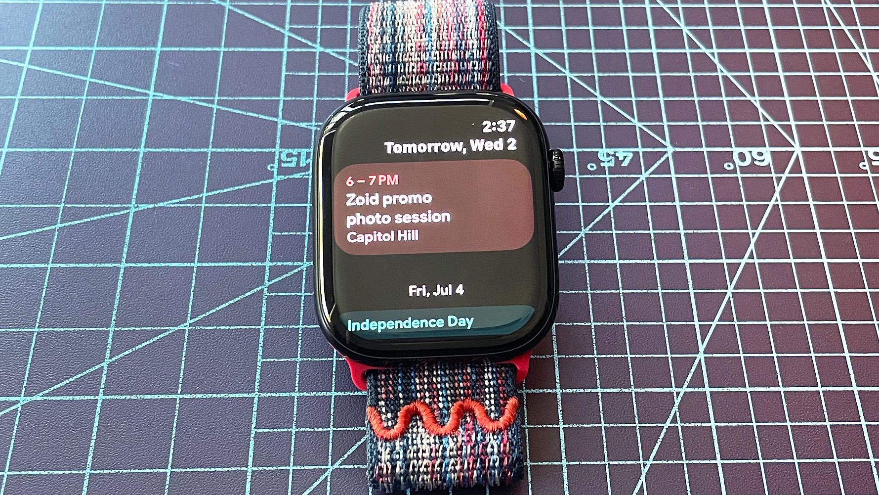 Close up of an Apple Watch Series 10 showing the steps to install the Google Calendar app, including navigating to the app store, searching and downloading the app and syncing it with your iPhone