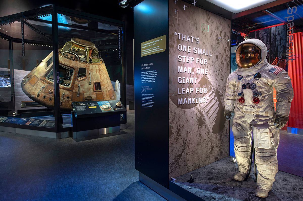 Neil Armstrong&#039;s Apollo 11 spacesuit on display near the Apollo 11 command module &quot;Columbia&quot; in the &quot;Destination Moon&quot; gallery at the National Air and Space Museum in Washington, DC.