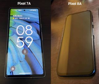 Alleged image of the Google Pixel 8a, next to a superimposed Pixel 7a