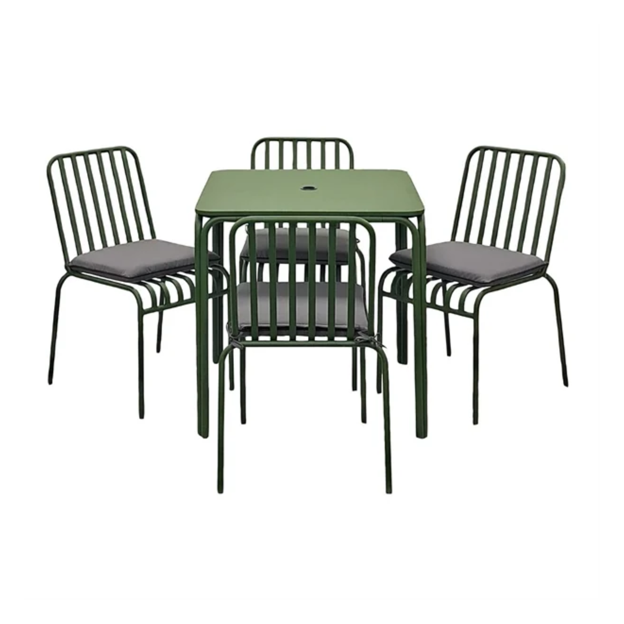 a green outdoor garden table surrounded by four chairs in green with seat cushions