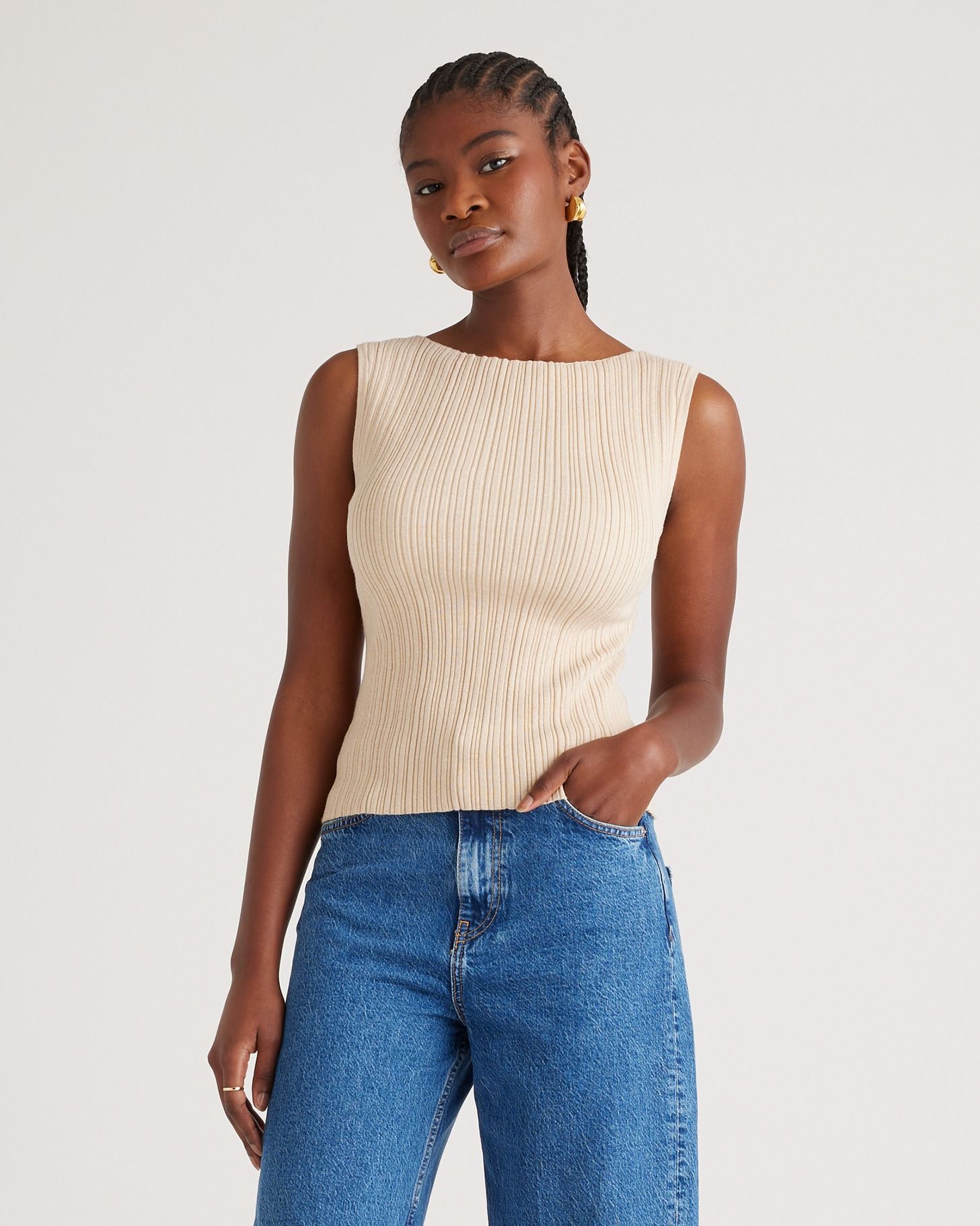 Cotton Cashmere Ribbed Tank in Black