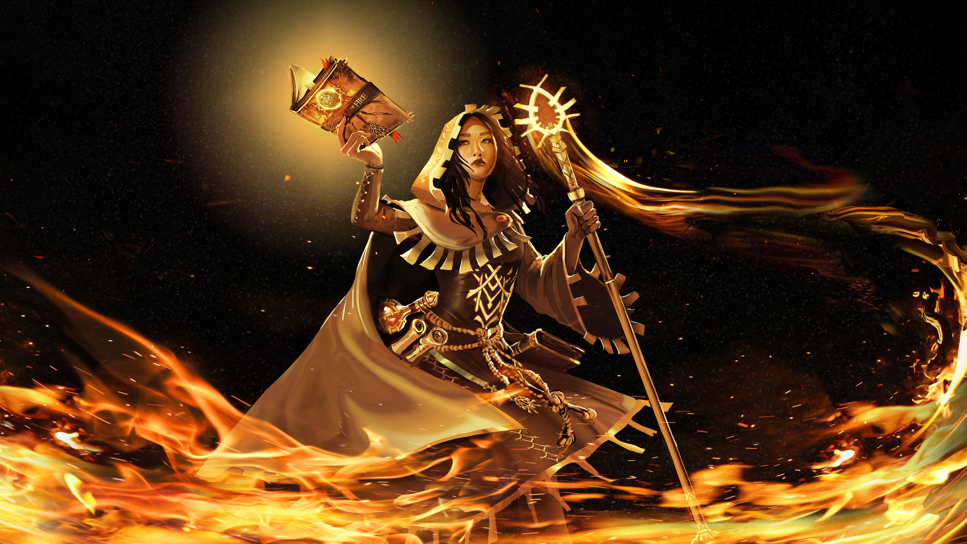 A mage surrounded by swirling fire holds a book titled Trials of Fire
